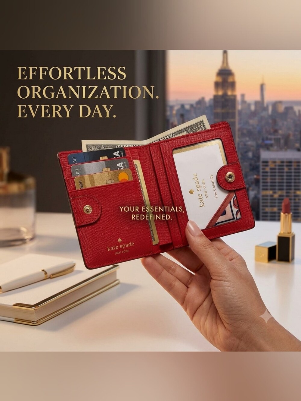 kate spade Red Small Leather Wallet - Compact Card & ID Organizer